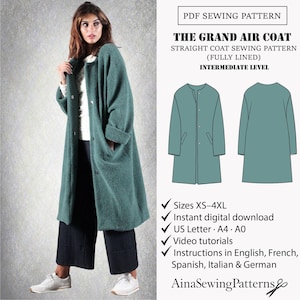 Op de afbeelding: Een lange jas in de kleur teal met een rechte snit, een ronde kraag en grote zakken. De afbeelding bevat ook een PDF-naaipatroon voor de jas, met instructies in meerdere talen en maten XS-4XL.
