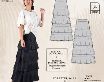 Ruffle skirt sewing pattern | Long skirt sewing pattern | Easy skirt sewing pattern | Ruffled skirt pattern  | Women PDF Sewing Pattern