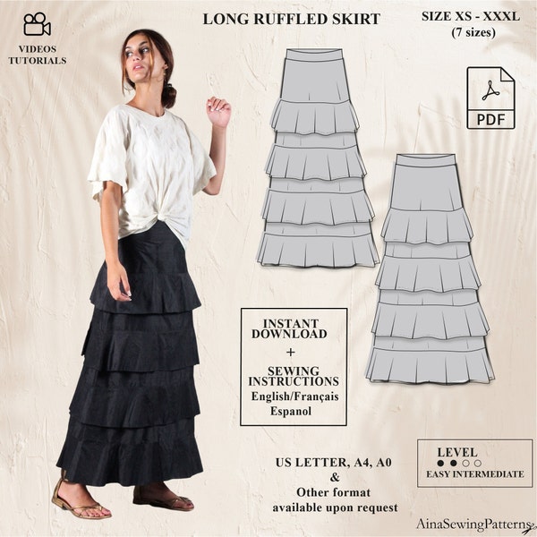 Ruffle skirt sewing pattern | Long skirt sewing pattern | Easy skirt sewing pattern | Ruffled skirt pattern  | Women PDF Sewing Pattern