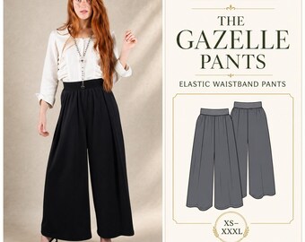 Wide Leg Palazzo Pants PDF Sewing Pattern, Elastic Waist, Front Pleats, XS-XXXL