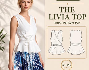 Wrap Peplum Top PDF Sewing Pattern, Tie Waist, Sleeveless V-Neck Blouse, XS-4XL