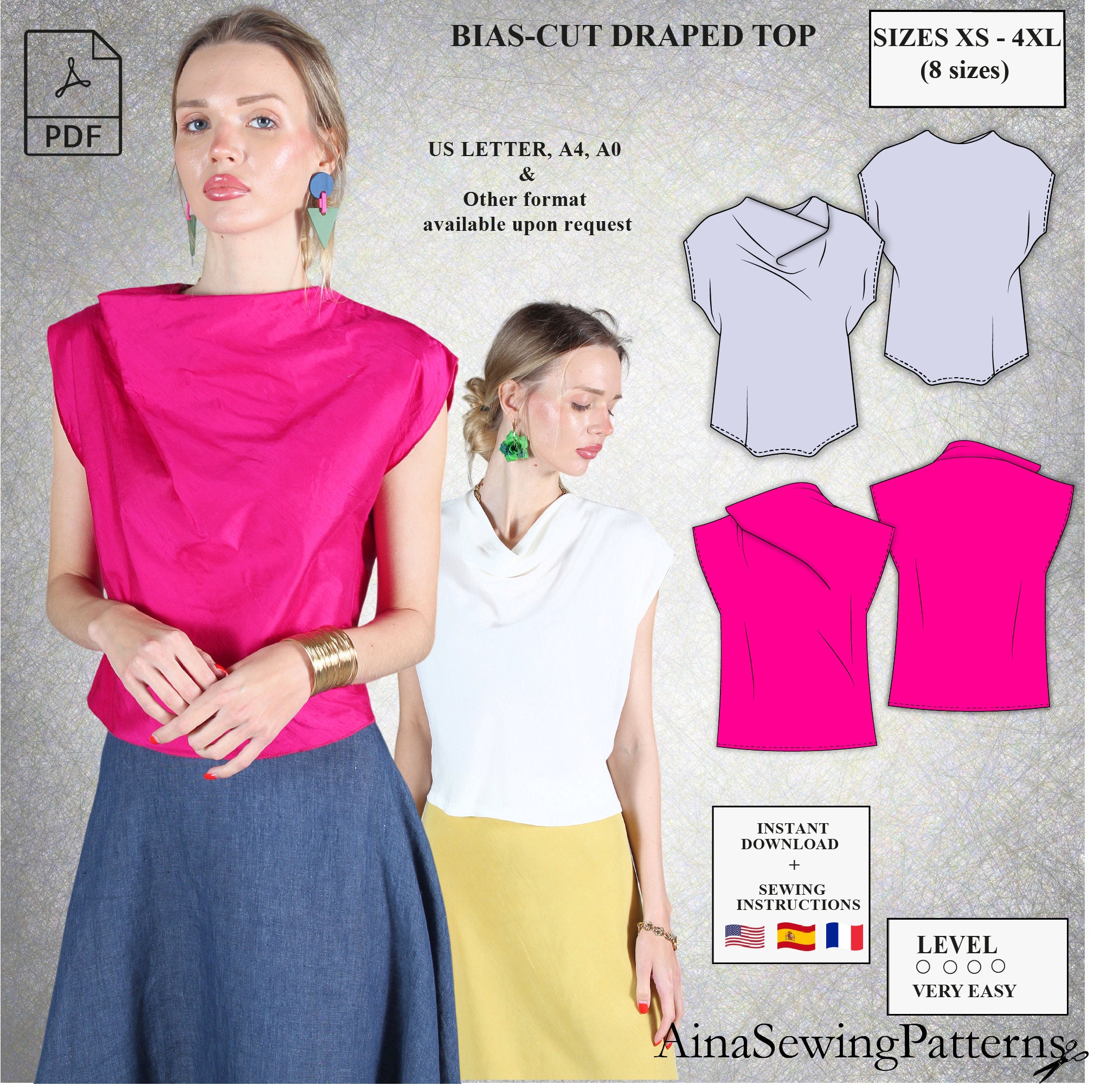 Top sewing pattern | Blouse sewing pattern | Bias-cut draped top sewing pattern | Summer top pattern | Summer blouse pattern |  PDF Pattern