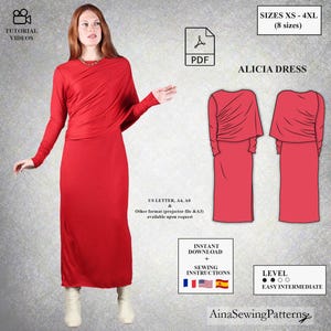 Dress sewing pattern | Long sleeve dress sewing pattern | Jersey dress pattern | Modern pattern | Printable pattern | Women PDF Pattern