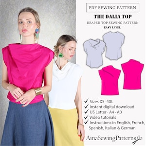 Może przedstawiać: Obraz przedstawia wzór szycia PDF dla "The Dalia Top", bluzki z drapowaniem. Wzór zawiera rozmiary XS-4XL, natychmiastowe pobieranie cyfrowe, samouczki wideo i instrukcje w wielu językach. Dwie kobiety prezentują bluzkę w kolorze fuksji i bieli.