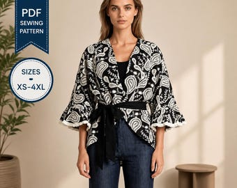 Kimono Jacket Sewing Pattern PDF | Oversized Jacket Pattern | Ruffle Sleeve Jacket | Lightweight Jacket | Women Sewing Pattern XS-4XL