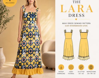 Patrón de Vestido Largo PDF | Patrón de Costura Vestido de Verano para Mujer | Vestido con Tirantes Fruncidos | Patrón PDF XS-4XL