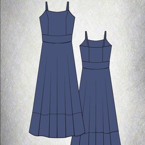 May include: A blue sleeveless dress featuring thin shoulder straps, a fitted bodice with a defined waistline, and a flared skirt with vertical panel seams that extend to a horizontal hemline detail near the bottom of the garment.