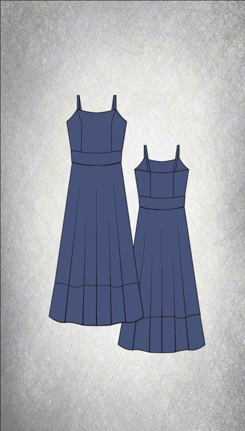 May include: A blue sleeveless dress featuring thin shoulder straps, a fitted bodice with a defined waistline, and a flared skirt with vertical panel seams that extend to a horizontal hemline detail near the bottom of the garment.