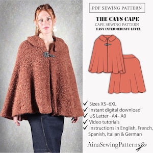 Patrón de costura de capa mujer | Patrón de capa abrigo | Patrón de capa de invierno | Patrón de capa con cuello redondeado | Patrón PDF