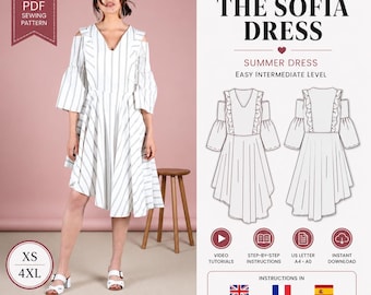 Patrón de Costura Vestido de Verano | Patrón de Vestido Asimétrico | Patrones de Costura Vestido de Mujer | Patrón de Vestido para Eventos