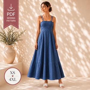 May include: A blue maxi dress with a fitted bodice, a tiered skirt, and shoulder straps featuring a white and navy striped pattern. The image includes text labels reading PDF SEWING PATTERN and XS 4XL, indicating the available size range.