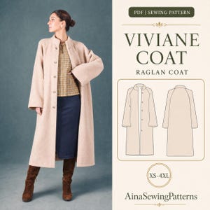 Può includere: Un cartamodello di cucito in PDF per il cappotto Viviane, un cappotto lungo raglan. L'immagine mostra un cappotto beige con chiusura a bottoni, un top a quadri e una gonna scura. Un disegno tecnico mostra le viste anteriore e posteriore nelle taglie XS-4XL.