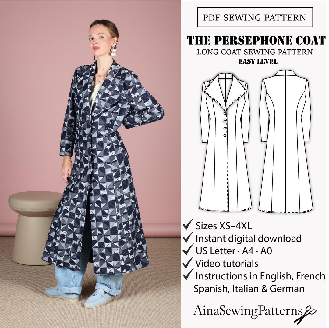 Long Coat Sewing Pattern PDF | Elegant Flared Lapel Coat | Women XS-4XL ...