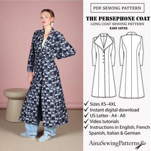 Puede incluir: Una mujer modela un abrigo largo con un estampado geométrico en tonos grises y azul marino. La imagen incluye un patrón de costura PDF para "The Persephone Coat" con instrucciones en inglés, francés, español, italiano y alemán. Tallas XS-4XL.