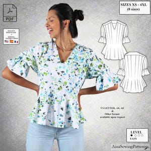 Women&#39;s blouse sewing pattern |  Easy peplum blouse pattern for beginners  |  V-neck blouse pattern | Flared bouse sewing pattern