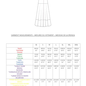 May include: A line drawing of a sleeveless dress with thin straps and a flared skirt, accompanied by a detailed size chart titled GARMENT MEASUREMENTS. The table lists bust, waist, hips, length, and bodice measurements in inches and centimeters.