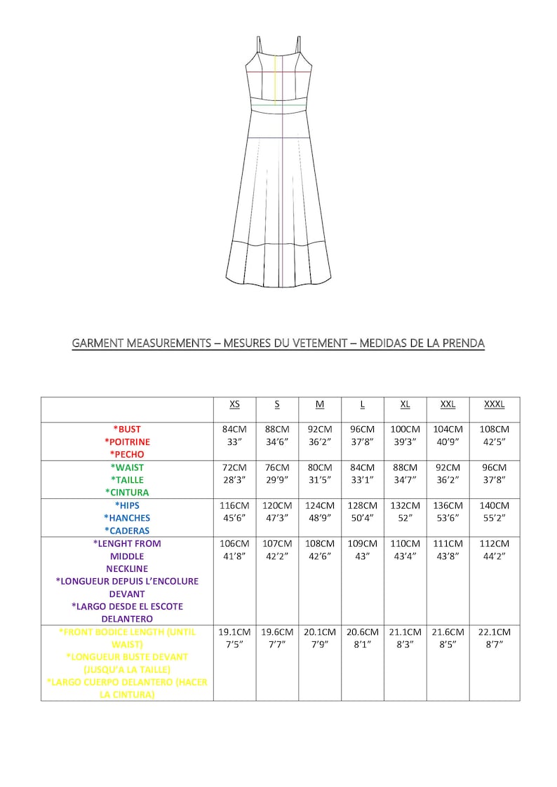 May include: A line drawing of a sleeveless dress with thin straps and a flared skirt, accompanied by a detailed size chart titled GARMENT MEASUREMENTS. The table lists bust, waist, hips, length, and bodice measurements in inches and centimeters.