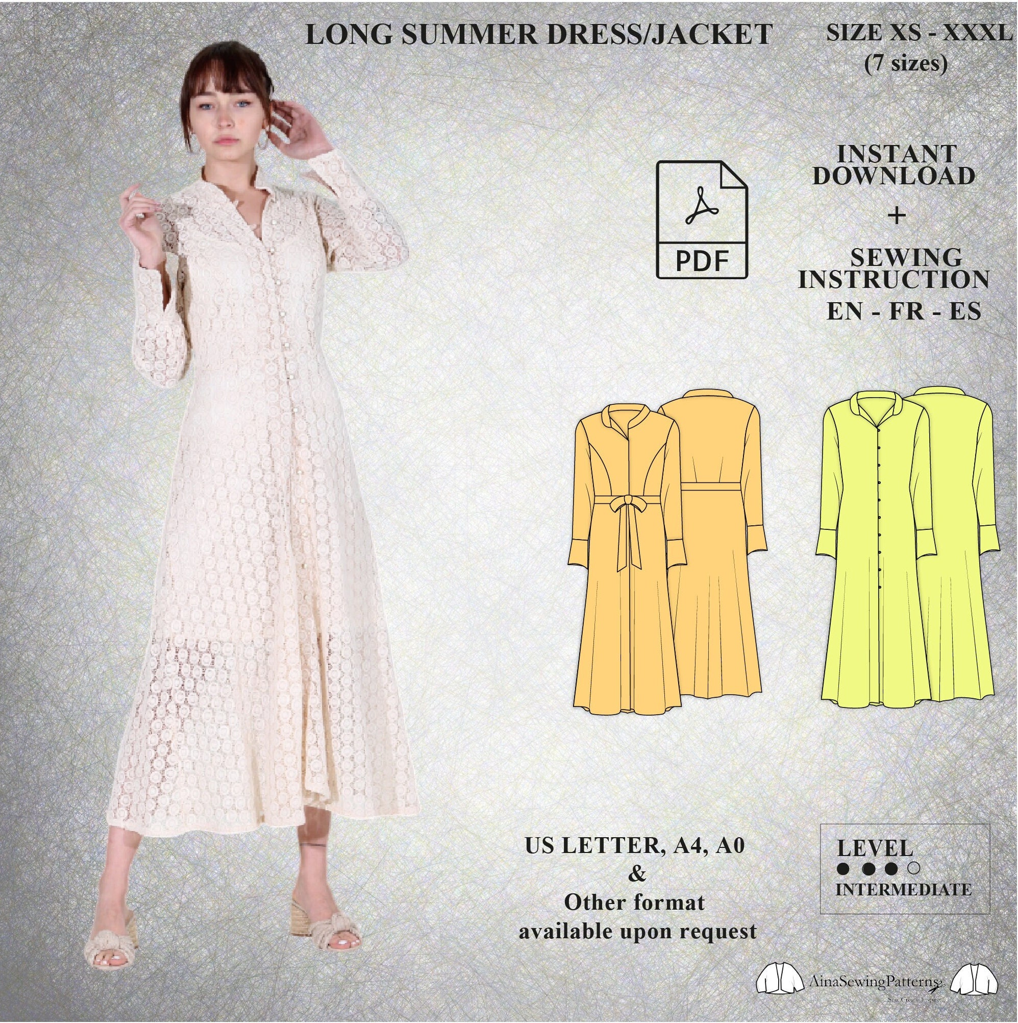 Buttonned Dress Pattern Long Dress Sewing Pattern Summer Sewing Pattern ...