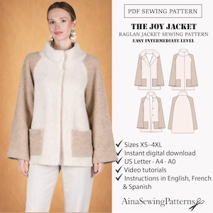 Women jacket pattern | Winter coat pattern | Raglan coat sewing pattern | High neck sewing pattern | Raglan Jacket pattern |  PDF Pattern