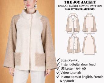 Women jacket pattern | Winter coat pattern | Raglan coat sewing pattern | High neck sewing pattern | Raglan Jacket pattern |  PDF Pattern