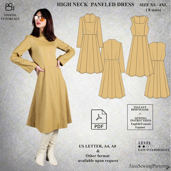 Dress sewing pattern | Flared dress pattern |  Paneled dress pattern | semi fitted dress pattern | High neck pattern | PDF sewing pattern