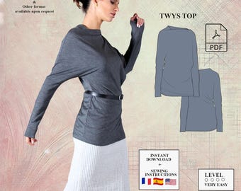 Top sewing pattern | Long sleeve top sewing pattern | Blouse pattern | Bias cut pattern | Printable pattern | Women PDF Sewing Pattern