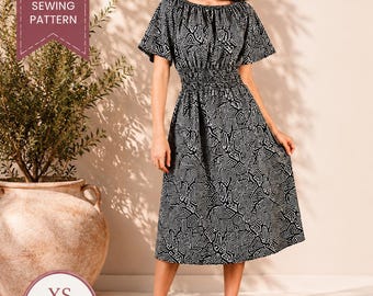 Easy Shirred Dress Sewing Pattern | Beginner-Friendly Elastic Waist Midi Dress | Summer Dress pattern with Sleeve | Sleeveless dress pattern