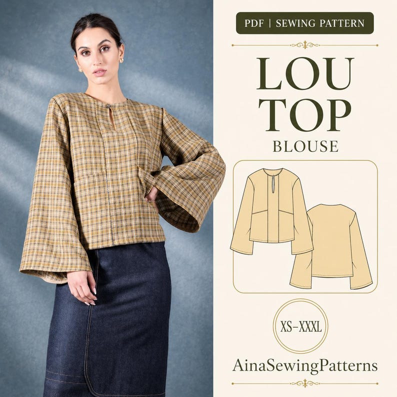 Blus med lyktaärm PDF-sömnadsmönster, nyckelhålsringning, XS-XXXL bild 1