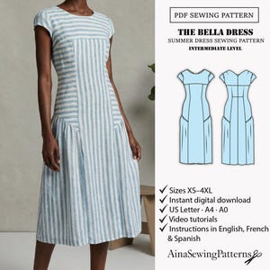 May include: A light blue and white striped summer dress with a round neckline and cap sleeves. The dress has a fitted bodice and a flared skirt. The image also includes a PDF sewing pattern with the text "THE BELLA DRESS" and "SUMMER DRESS SEWING PATTERN".