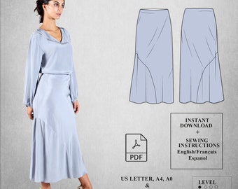 Patrón de costura falda Mujer | Patrón de costura falda bies | Patrón de costura falda Larga | Patrón de costura PDF para mujer