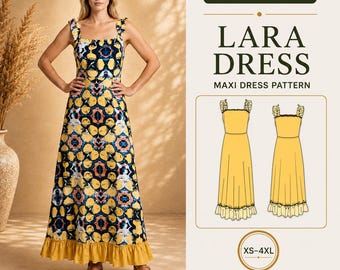 Ruffle Strap Maxi Dress PDF Sewing Pattern, Square Neck, Flounce Hem, XS-4XL