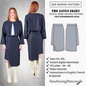 May include: A PDF sewing pattern for The Janys Skirt, an easy intermediate level pencil skirt. The image displays the skirt in dark blue denim, shown from front and back views, alongside a technical line drawing, size range XS-4XL, and format details.