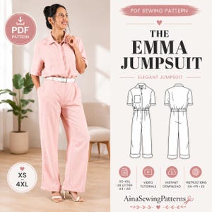 Puede incluir: Un patrón de costura en PDF para el mono The Emma Jumpsuit, que muestra un mono de color rosa claro de manga corta con cuello, cierre frontal de botones y un cinturón blanco. El gráfico incluye dibujos técnicos de la parte delantera y trasera.