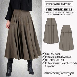 Patron de couture jupe évasée midi | Patron de couture jupe boutonnée devant | Patron de couture jupe cercle | Patron couture jupe PDF femme