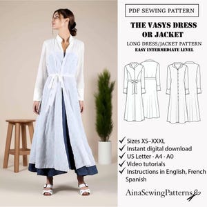 May include: A woman wearing a white long dress or jacket with a tie waist, over a blue outfit. The image also shows a PDF sewing pattern with dress illustrations and text: "The Vasys Dress or Jacket". Includes sizes XS-XXXL and video tutorials.