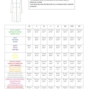 May include: A size chart for a garment with measurements in inches and centimeters. The chart includes measurements for total length, bust, waist, hips, sleeves length, shoulder length, arm circumference, armhole circumference, and wrist circumference.