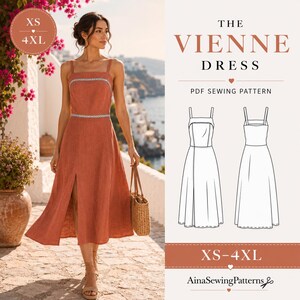 May include: A rust-colored midi dress with thin straps, a square neckline, and a front slit. The design features white decorative trim at the bodice and waist. The text reads THE VIENNE DRESS PDF SEWING PATTERN XS-4XL AinaSewingPatterns.