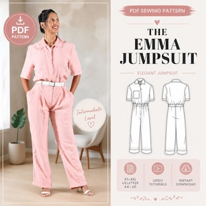 May include: A woman wearing a light pink jumpsuit with a white belt. The image also features a PDF sewing pattern titled "The Emma Jumpsuit." The pattern includes video tutorials and instant download options. The jumpsuit is an elegant design.
