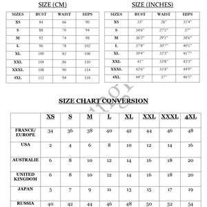 May include: Size chart conversion table for clothing sizes in centimeters and inches. The table shows sizes for XS, S, M, L, XL, XXL, XXXL, and 4XL in France/Europe, USA, Australia, United Kingdom, Japan, Russia, and Italy.