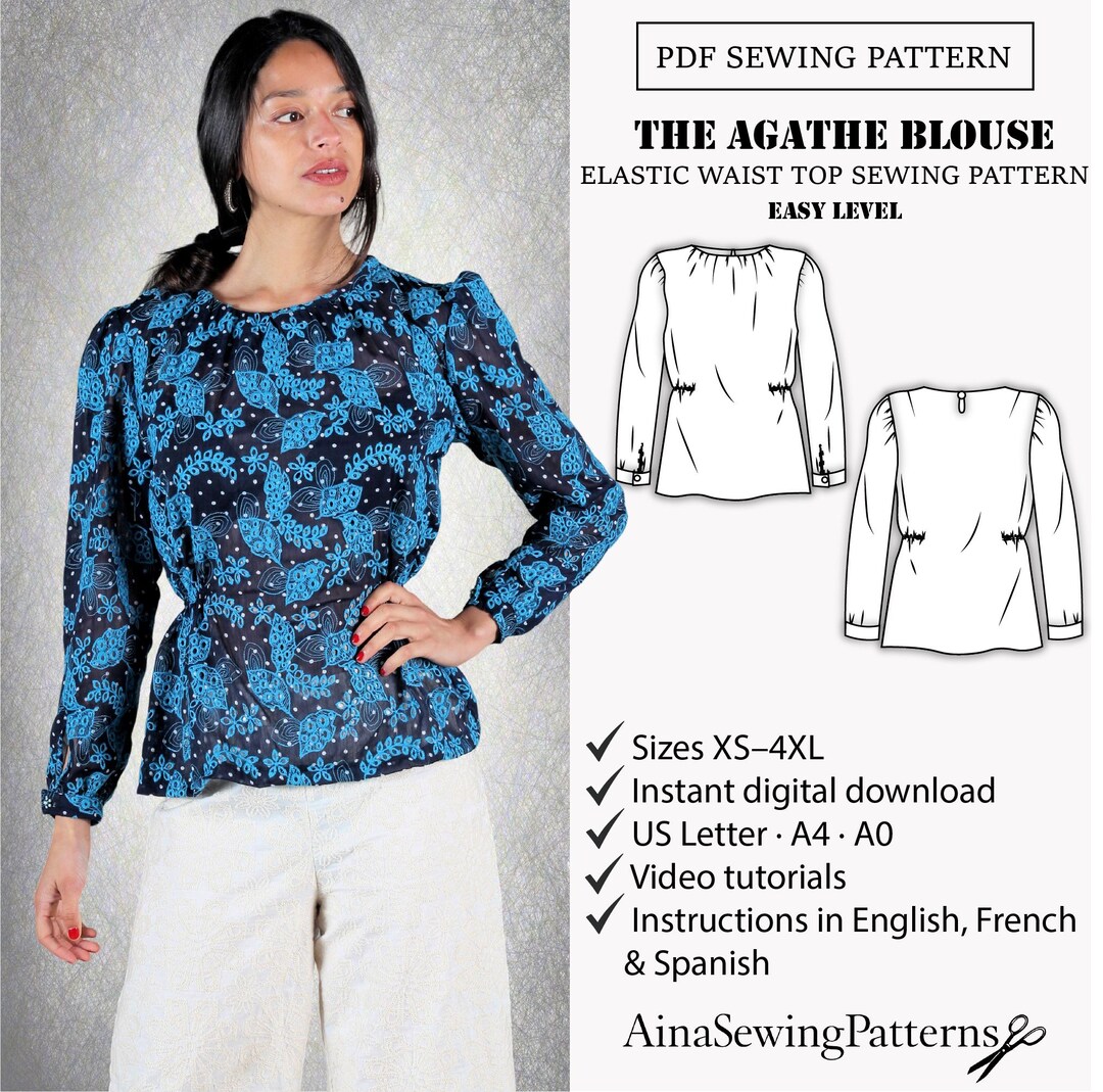 Women Blouse Sewing Pattern | Elastic Waist Blouse Pattern | Romantic ...