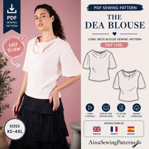 Patrón de Top Cuello Drapeado PDF, Patrón de Blusa Drapeada, Patrón de Top Holgado, Patrón de Costura Mujer, Patrón de Costura Fácil XS-4XL