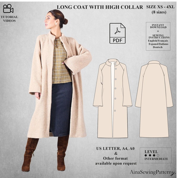 Women coat pattern | Winter coat pattern | Long coat sewing pattern | Oversized coat pattern | High neck coat pattern | Women PDF Pattern