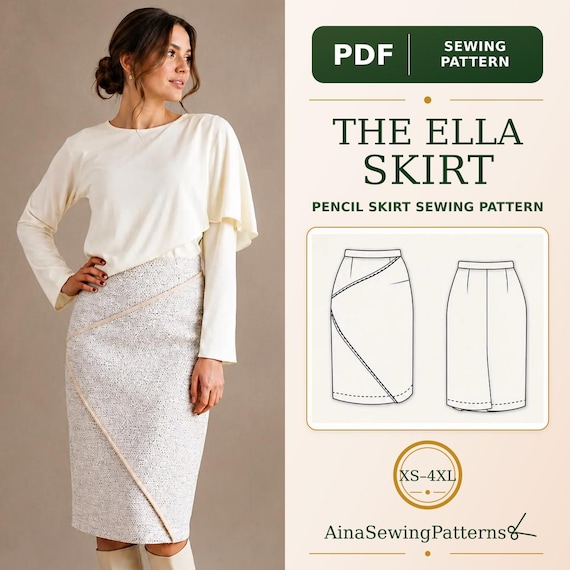 Diagonal Panel Pencil Skirt PDF Sewing Pattern, Fully Lined, Back Vent, XS-4XL