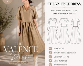 Molde para Vestido Midi Franzido | Molde para Vestido com Cintura Franzida | Molde para Vestido com Decote em V | Molde para Vestido Longo | Molde em PDF