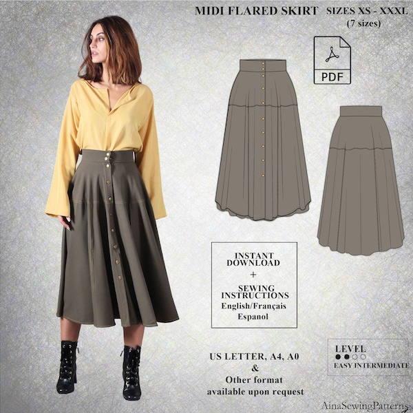 Flared skirt sewing pattern | Button skirt sewing pattern | Circle skirt sewing pattern | Midi skirt pattern  | Women PDF Sewing Pattern
