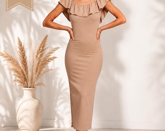 Ruffle Neckline Dress Sewing Pattern PDF | Fitted Knit Midi Dress | Flutter Sleeve Jersey Dress Pattern | XS-4XL