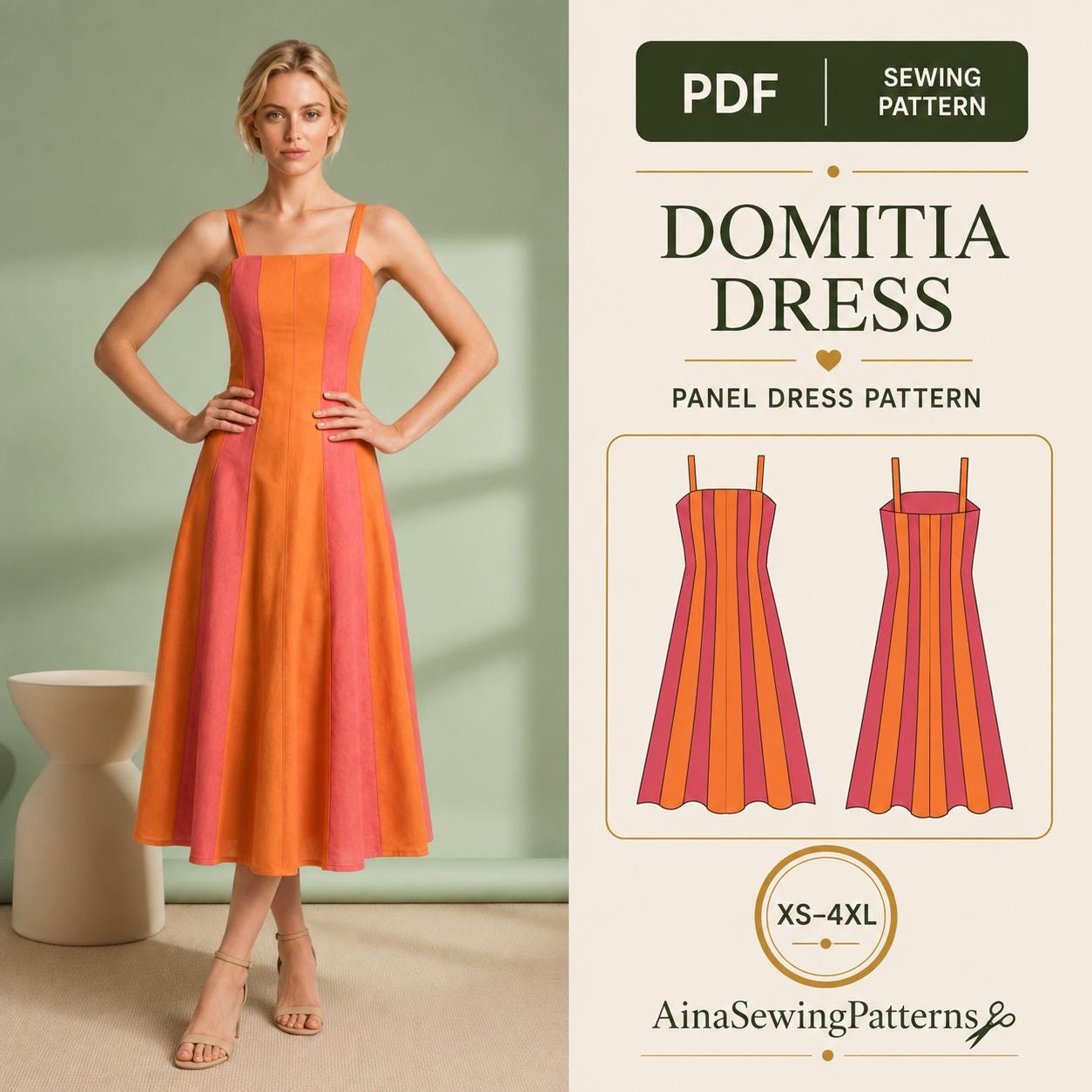Panel Dress PDF Sewing Pattern, Fit and Flare, Optional Straps, XS