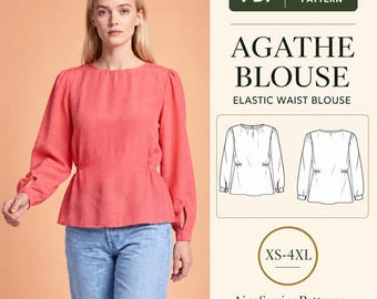 Elastic Waist Blouse PDF Sewing Pattern, Gathered Neckline, Long Sleeves, XS-4XL