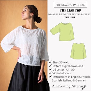 Top sewing pattern | Blouse sewing pattern | Japanese sleeve Pattern | Downloadable pattern | Printable pattern | Women PDF Sewing Pattern