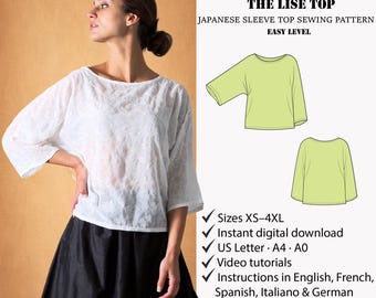 Top sewing pattern | Blouse sewing pattern | Japanese sleeve Pattern | Downloadable pattern | Printable pattern | Women PDF Sewing Pattern